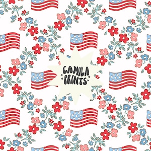 May include: A seamless pattern featuring red, white and blue American flags and pink, blue and green floral sprigs on a white background. The text "CAMILA PRINTS" is in the centre of the image.