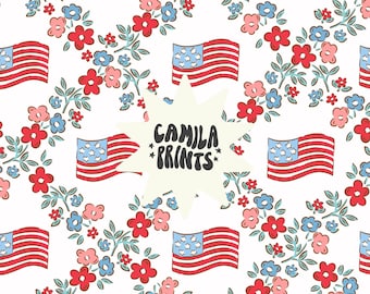 Preppy 4th July Seamless File Flags and Flowers Repeat Pattern for Commercial Use