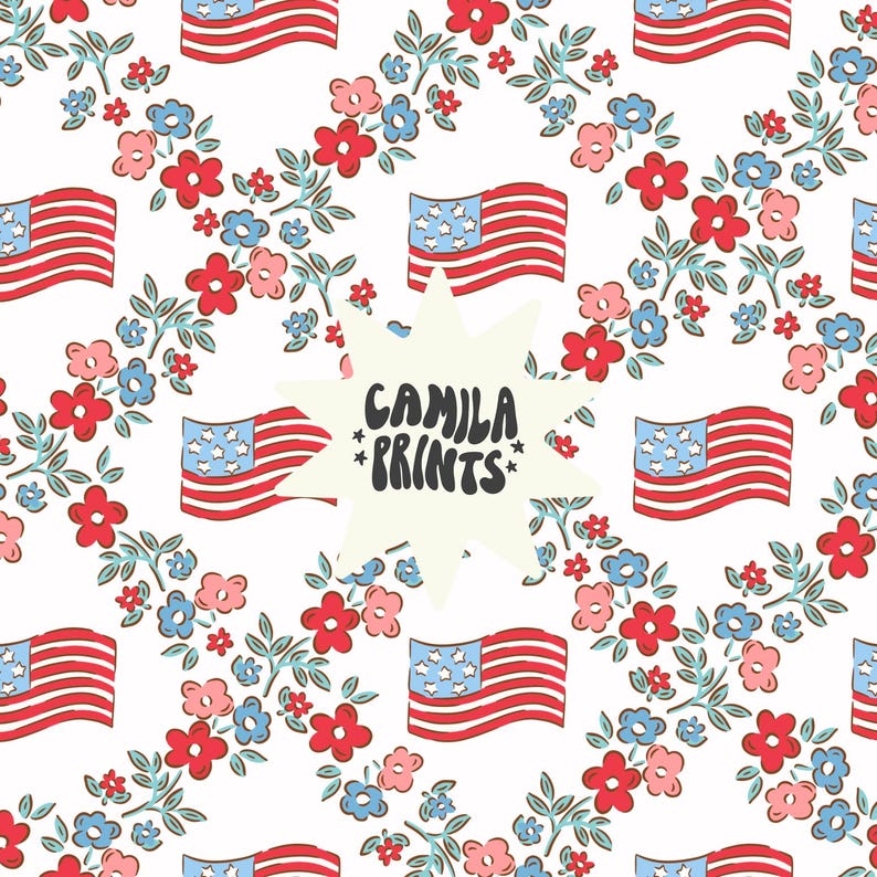 May include: A seamless pattern featuring red, white and blue American flags and pink, blue and green floral sprigs on a white background. The text "CAMILA PRINTS" is in the centre of the image.