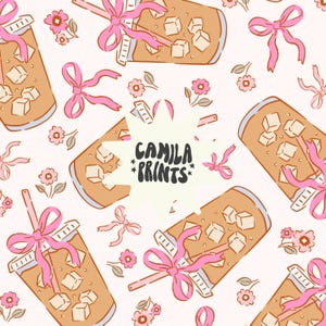 May include: A seamless pattern featuring iced coffee drinks with pink bows and flowers on a white background. The text "Camila Prints" is featured in the center of the pattern.