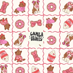 May include: A repeating pattern featuring cartoon dogs, donuts, and treats with text. The dogs are brown and white, wearing pink bows and sweaters. The treats include bone-shaped biscuits and coffee cups with phrases like "Be Mine" and "Puppy Love."