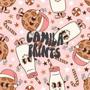 May include: A repeating pattern on a light pink background featuring cartoon chocolate chip cookies wearing pink Santa hats, milk bottles with straws, candy canes, and peppermint candies, interspersed with white and brown stars. Text reads CAMILA PRINTS.