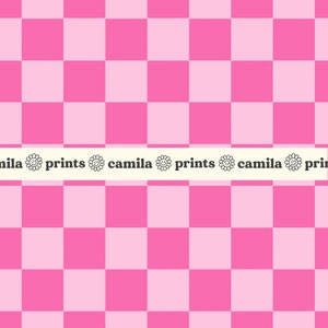 May include: A pink and white checkerboard pattern with the text "camilla prints" repeated across the bottom.
