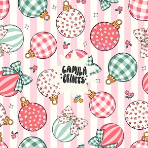 May include: A repeating pattern of Christmas ornaments on a light pink and white striped background. The ornaments feature floral prints, red and white gingham, or green and white gingham patterns, some with bows and the text CAMILA PRINTS.