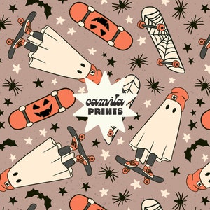 May include: A seamless pattern featuring ghosts wearing hats and riding skateboards with pumpkin and spiderweb designs. The background is a light brown with white stars and black spiders.