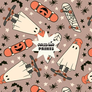 Boy Halloween Seamless Pattern Skateboard Ghosts Pattern File for Fabric Sublimation