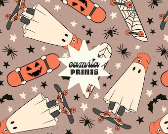 Boy Halloween Seamless Pattern Skateboard Ghosts Pattern File for Fabric Sublimation