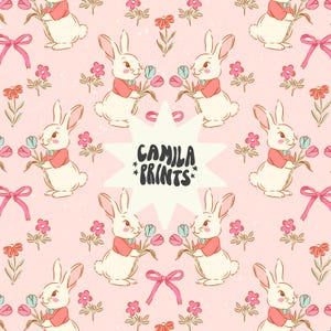 Pode incluir: Padrão repetitivo em fundo rosa com coelhos brancos segurando flores, laços rosa e detalhes florais. O texto "CAMILA *PRINTS*" está em forma de estrela. O design tem um visual vintage e caprichoso.