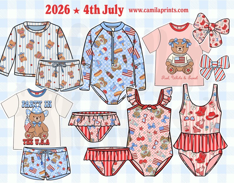 K&ouml;nnte beinhalten: Kollektion von Kinder-Bademode und Accessoires mit patriotischem Thema. Designs umfassen Teddyb&auml;ren, amerikanische Flaggen und Motive zum 4. Juli. Die Farbpalette umfasst Rot, Wei&szlig; und Blau. Der Text auf dem Bild lautet "2026 4th July" und "www.camilaprints.com".