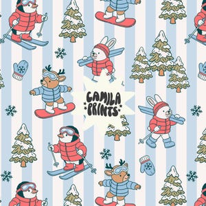 May include: A repeating pattern featuring cartoon animals like penguins, rabbits, and deer engaged in winter sports on a light blue and white striped background. The design includes snow-covered pine trees, snowflakes, mittens, and the text CAMILA PRINTS.