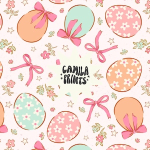 May include: A seamless pattern featuring pastel pink, blue, and orange eggs with floral designs. The eggs are surrounded by pink bows, white stars, and small floral sprigs. The text "CAMILA PRINTS" is in the centre of the pattern.