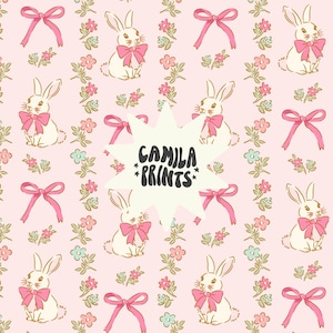 May include: A pink background with a repeating pattern of white bunnies wearing pink bows and floral wreaths. The text "Camila Prints" is in a white speech bubble.