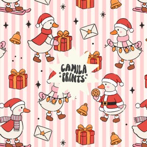 Pode incluir: Padrão repetitivo com gansos de desenho animado vestidos com gorros e cachecóis de Papai Noel, segurando presentes, biscoitos e luzes de corda. O fundo é um padrão de listras rosa e branco com estrelas, sinos e envelopes. O texto "CAMILA *PRINTS*" está no centro.