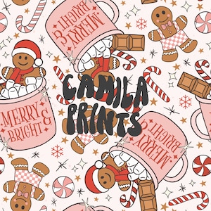 Pode incluir: Um padrão sem costura rosa e branco com um homem de gengibre, bengalas de doces, barras de chocolate e canecas cheias de marshmallows. As canecas têm o texto "Merry & Bright" e "Merry & Bright". O texto "Camila Prints" está escrito em preto no centro do padrão.