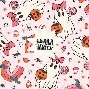 Pode incluir: Padrão repetitivo com fantasmas de desenhos animados com laços rosa, segurando abóboras e pirulitos, com estrelas, aranhas, doces de milho e arco-íris. O texto "CAMILA *PRINTS*" está no centro, em um fundo rosa claro.