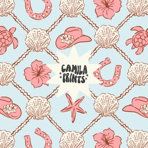 May include: A seamless pattern featuring a variety of pink and brown illustrations on a light blue background. The pattern includes seashells, starfish, horseshoes, hibiscus flowers, cowboy hats, and sea turtles. The text "Camila Prints" is featured in the centre of the pattern.