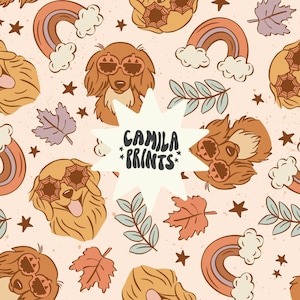 May include: A seamless pattern featuring a variety of autumnal elements, including dogs wearing sunglasses, rainbows, leaves, stars, and spiderwebs. The text "CAMILA PRINTS" is featured in a white speech bubble.
