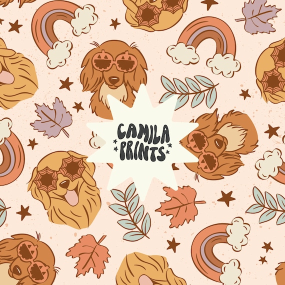 Fall Pattern Pumpkin Dogs Seamless Repeat Pattern for Fabric Sublimation