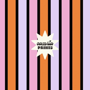 May include: A repeating pattern of vertical stripes in orange, black, lavender, and pink. The pattern is interrupted by a white starburst with the text "camilla PRINTS" in black.