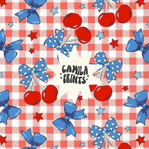 May include: A red and white gingham pattern background with blue and white bows, red cherries, and white stars. The text "Camila Prints" is in the center of the image.