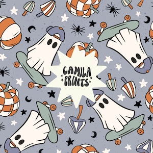 Pode incluir: Um padrão sem costura com fantasmas andando de skate, abóboras, estrelas e cogumelos. O texto "Camila Prints" está no centro do design.