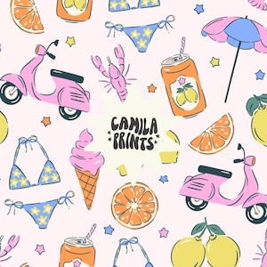 Peut inclure: Un motif sans couture coloré avec un scooter rose, une canette de soda, un citron, un cornet de glace, un bikini, un homard, une tranche d'orange, un parasol de plage et le texte "Camila Prints".