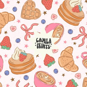 Könnte beinhalten: Ein nahtloses Muster mit verschiedenen Frühstücksgerichten, darunter Croissants, Waffeln, Pfannkuchen und Kaffeetassen. Das Muster ist auf einem rosa Hintergrund mit weißen Sternen und Herzen angeordnet. Der Text "Camila Prints" befindet sich in der Mitte des Musters.