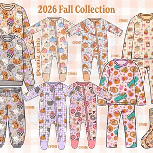 May include: A collection of children's fall-themed sleepwear and socks. The items include a variety of patterns featuring pumpkins, ghosts, and baked goods. The color palette includes orange, pink, and gray. The text "2026 Fall Collection" is visible.