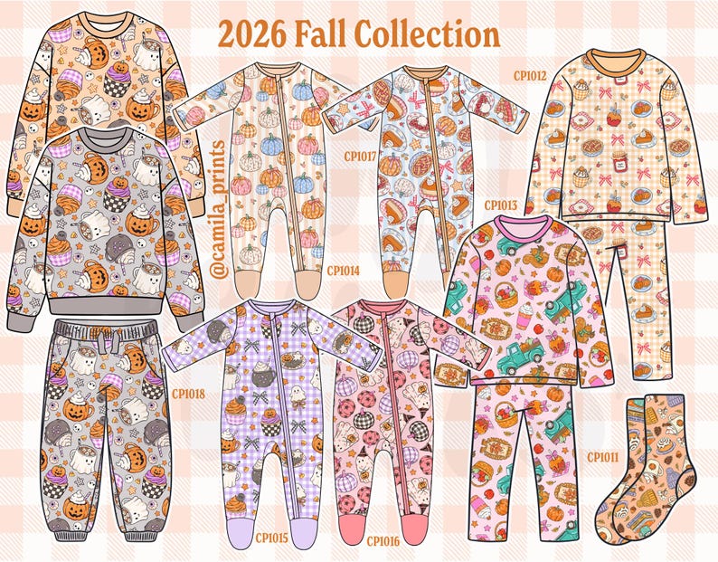 May include: A collection of children's fall-themed sleepwear and socks. The items include a variety of patterns featuring pumpkins, ghosts, and baked goods. The color palette includes orange, pink, and gray. The text "2026 Fall Collection" is visible.