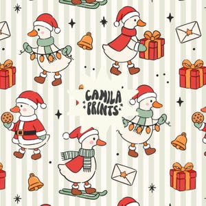 May include: A repeating pattern featuring cartoon geese in Santa hats and scarves, holding gifts, cookies, and string lights. The background has vertical stripes, stars, bells, and gift boxes. The text "CAMILA PRINTS" is also present.