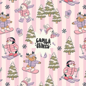 May include: A repeating pattern on a light pink and white striped background featuring cartoon animals in winter gear, including rabbits, reindeer, and penguins skiing or snowboarding, alongside snow-covered pine trees, mittens, and snowflakes. The text CAMILA PRINTS is centered in a white starburst shape.