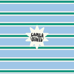 May include: A repeating pattern of horizontal stripes in light blue, white, and teal. The text "CAMILA PRINTS" is in a starburst shape in the lower right corner. The design is suitable for fabric or wallpaper.
