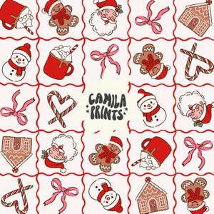 Puede incluir: Un patrón festivo con ilustraciones navideñas. El diseño incluye a Papá Noel, muñecos de nieve, hombres de jengibre, casas de jengibre, bastones de caramelo, lazos y tazas de chocolate caliente. El texto "CAMILA *PRINTS*" está en el centro de la imagen.