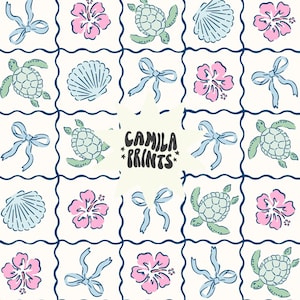 May include: A seamless pattern featuring a variety of blue and green sea-themed illustrations, including seashells, turtles, and bows. The pattern is set against a white background and includes the text "Camila Prints".