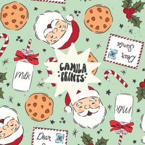 May include: A seamless pattern featuring Santa Claus, milk bottles, candy canes, cookies, and letters to Santa. The pattern is on a light green background with white stars. The text "Dear Santa" and "Camila Prints" are included in the pattern.