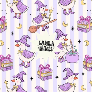 May include: A repeating pattern featuring cartoon ducks dressed as witches, wearing purple hats and capes with star accents. The ducks are shown with spell books, brooms, and wands. The background has vertical stripes and the text "CAMILA PRINTS".