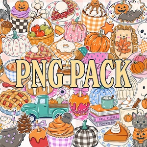 Pode incluir: Uma coleção de ilustrações digitais com motivos de outono e Halloween, incluindo abóboras, fantasmas, gatos, tortas, bebidas quentes, um caminhão azul-petróleo e folhagens de outono. O texto PNG PACK está centralizado em letras grandes.