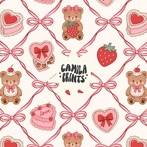 May include: A repeating pattern with teddy bears, heart-shaped cakes, strawberries, and heart-shaped chocolate boxes. The design includes pink bows and ribbons on a cream background. The text "CAMILA *PRINTS*" is also visible.