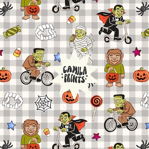 May include: Halloween-themed pattern featuring cartoon monsters like Frankenstein, Dracula, and werewolves. The design includes pumpkins, candy, and the text "CAMILA *PRINTS*" on a gray and white checkered background. The characters are riding scooters and bikes.