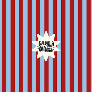 May include: A repeating pattern of vertical red and pale blue stripes. A white starburst shape features the text "CAMILA PRINTS" in black, with star details. This design is suitable for textiles or decorative paper.
