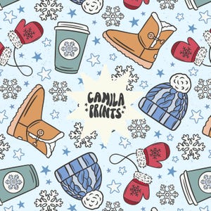 May include: A seamless pattern featuring winter-themed illustrations on a light blue background. The pattern includes snowflakes, stars, mittens, coffee cups, boots, and hats. The text "Camila Prints" is featured in the center of the pattern.