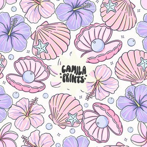 May include: A repeating pattern featuring pink seashells, pearls, starfish, and purple hibiscus flowers on a white background. The design includes the text "CAMILA *PRINTS*". The overall theme is tropical and feminine.