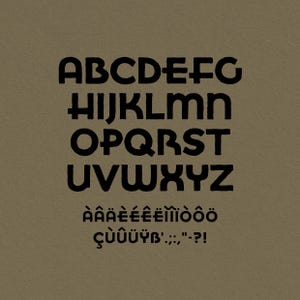 May include: Black and white alphabet font with uppercase letters, lowercase letters, and punctuation marks. The font is bold and has a rounded, retro style.