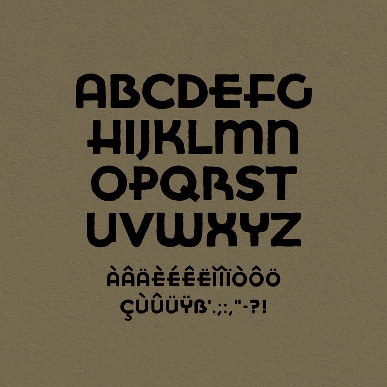 May include: Black and white alphabet font with uppercase letters, lowercase letters, and punctuation marks. The font is bold and has a rounded, retro style.