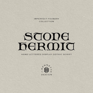 May include: Black and white logo design for a font called "Stone Hermia" with the text "Imperfect Foundry Collection" and "Hand Lettered Display Gothic Script" and the text "J. Bennett Design" below.