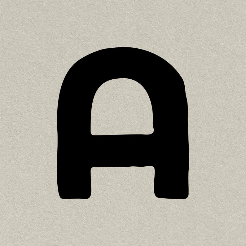 May include: Black uppercase letter A with a rounded top and bottom. The letter is outlined in black and has a white interior.