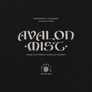May include: Avalon Mist hand-lettered display script font, a design by J. Bennett Design. The font is a stylized script with a vintage feel.