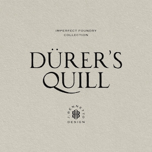 May include: A beige background with the words "IMPERFECT FOUNDRY COLLECTION" at the top. Below, the words "DÜRER'S QUILL" are in a bold, elegant font. At the bottom, the text "J. BENNETTO DESIGN" is displayed with a decorative logo.