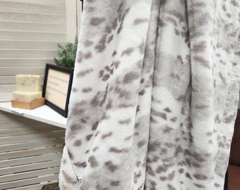 Handmade Luxe Minky Blanket: Siberian Leopard Silver, Black and Grey, 100% Polyester, Adult gift, big kid gift, SUPER SOFT, silky smooth