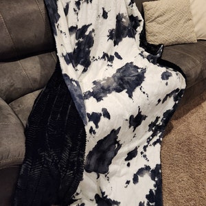 LUXURY BLANKET of MINKY, adult gift, handmade, large blanket, so soft, throw blanket, luxe cuddle Bessie Calf, black and white cow print